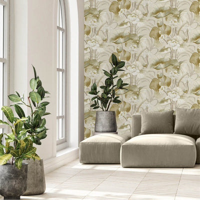 product image for Watercolor Waterlilies Wallpaper in Yellow/Beige 93
