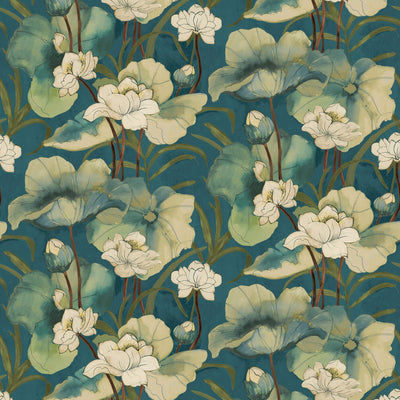 product image of Watercolor Waterlilies Wallpaper in Teal 520