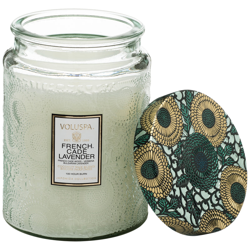 media image for Large Embossed Glass Jar Candle in French Cade Lavender design by Voluspa 236