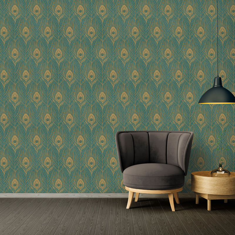 media image for Peacock Feather Motif Wallpaper in Yellow/Green/Metallic from the Absolutely Chic Collection by Galerie Wallcoverings 21