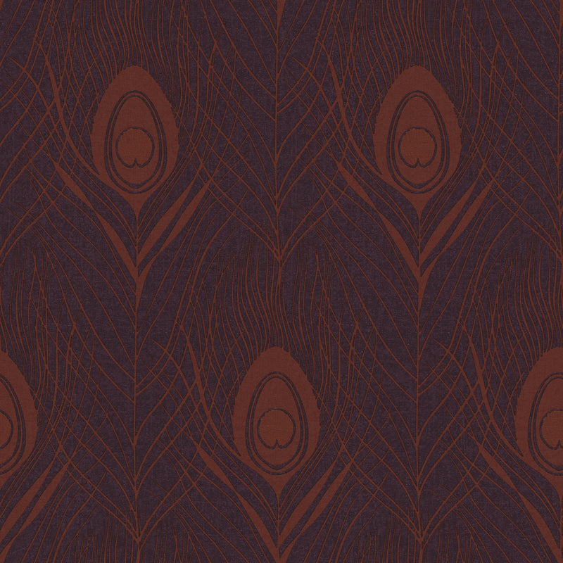 media image for sample peacock feather motif wallpaper in metallic red lilac from the absolutely chic collection by galerie wallcoverings 1 281
