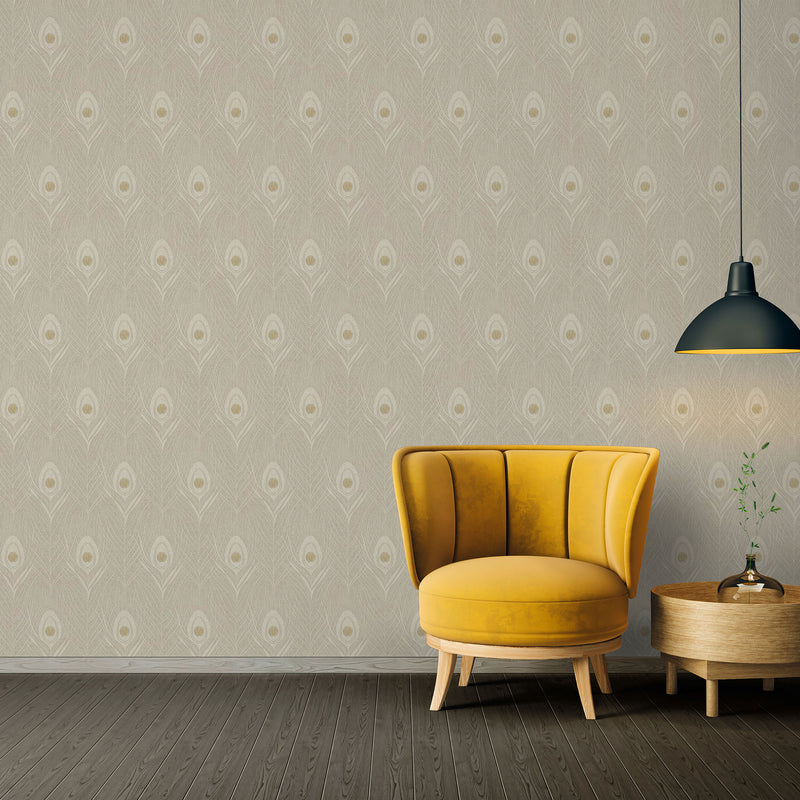 media image for Peacock Feather Motif Wallpaper in Beige/Grey/Metallic from the Absolutely Chic Collection by Galerie Wallcoverings 227