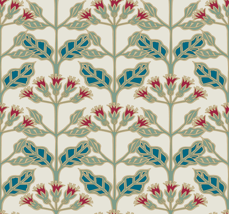 media image for sample tracery blooms cream multi wallpaper from the arts and crafts collection by ronald redding 1 292