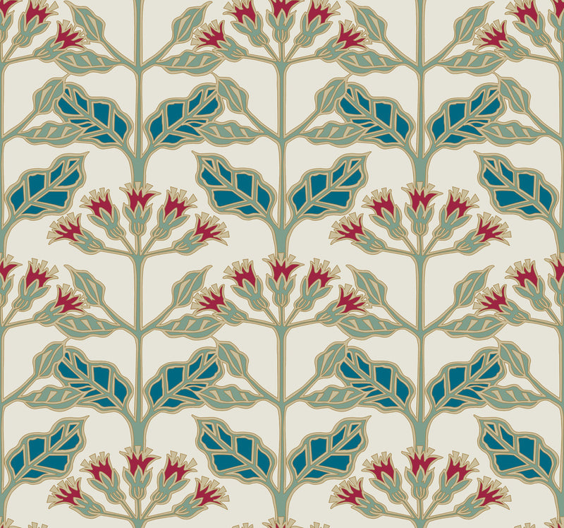 media image for sample tracery blooms cream multi wallpaper from the arts and crafts collection by ronald redding 1 292