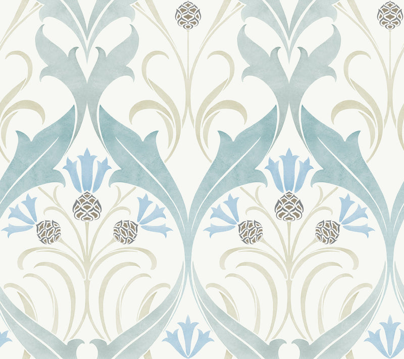 media image for sample pine cone ribbon teal wallpaper from the arts and crafts collection by ronald redding 1 214