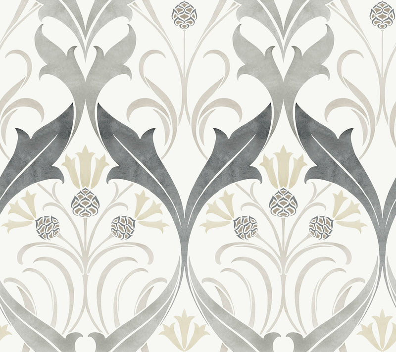media image for sample pine cone ribbon charcoal wallpaper from the arts and crafts collection by ronald redding 1 227