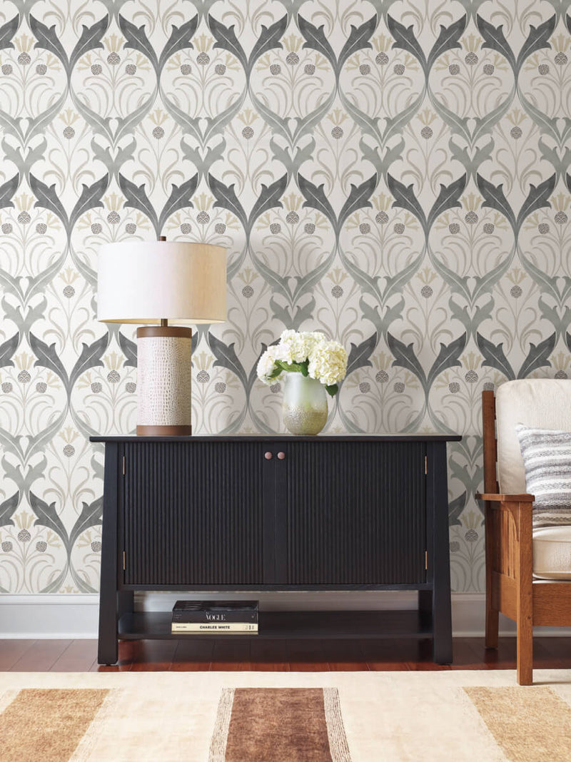 media image for Pine Cone Ribbon Charcoal Wallpaper from the Arts and Crafts Collection by Ronald Redding 275