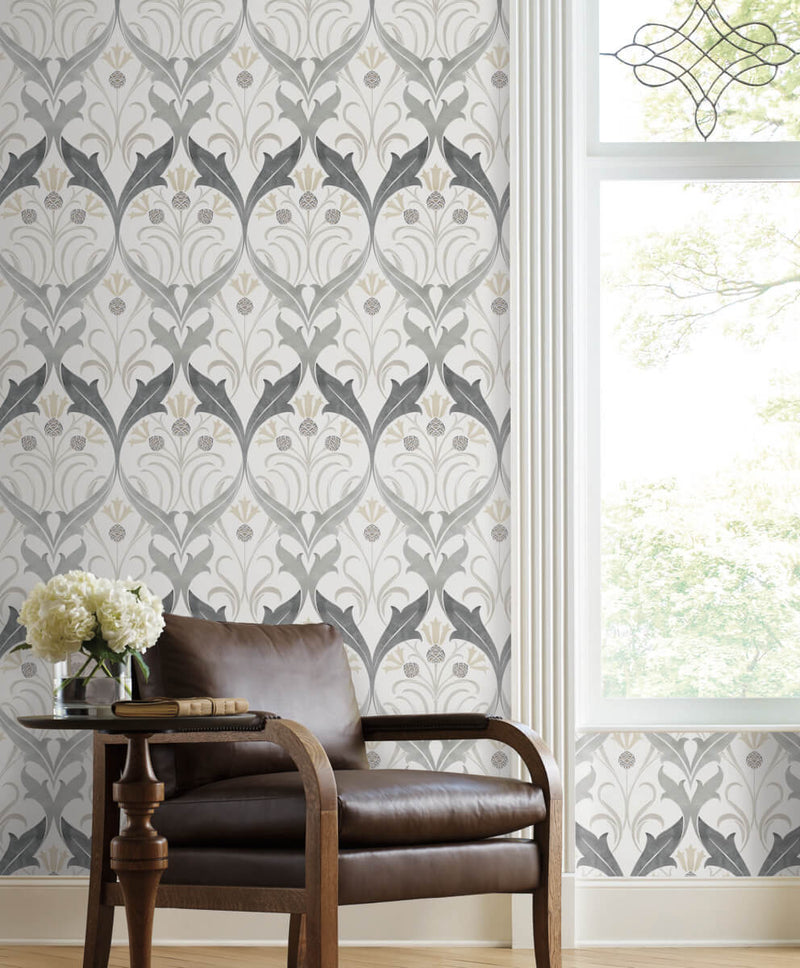 media image for Pine Cone Ribbon Charcoal Wallpaper from the Arts and Crafts Collection by Ronald Redding 283