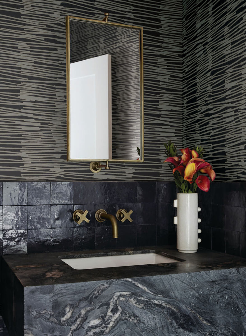 media image for Water Reed Thatch Wallpaper in Black & Gold 253