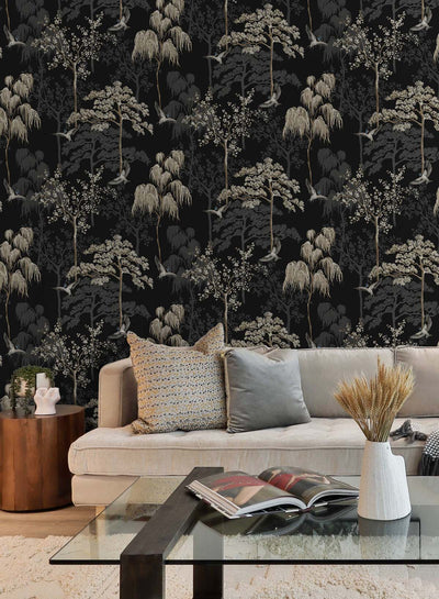 product image for Bird Garden Wallpaper in Black by NextWall 49