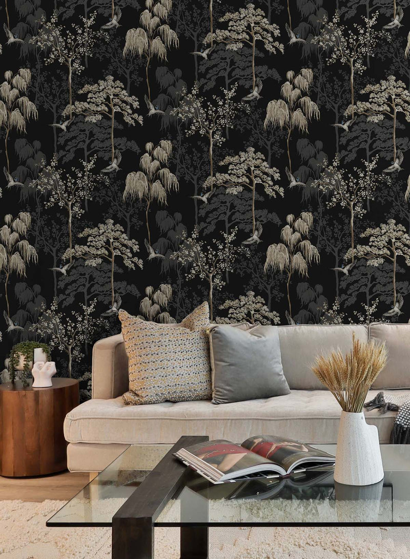 media image for Bird Garden Wallpaper in Black by NextWall 286