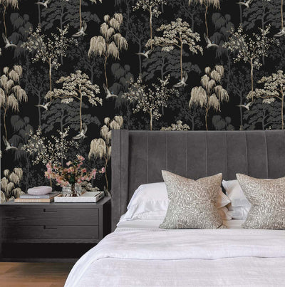 product image for Bird Garden Wallpaper in Black by NextWall 33