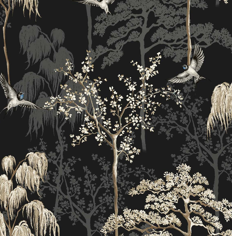 media image for Bird Garden Wallpaper in Black by NextWall 258