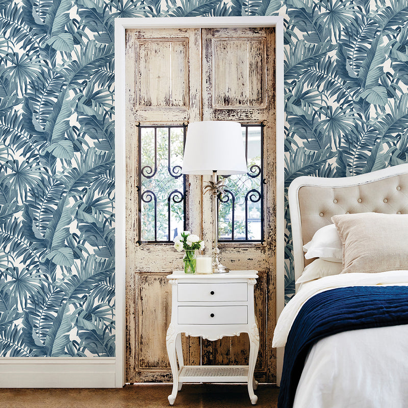 media image for Alfresco Tropical Palm Wallpaper in Blue from the Pacifica Collection by Brewster Home Fashions 213