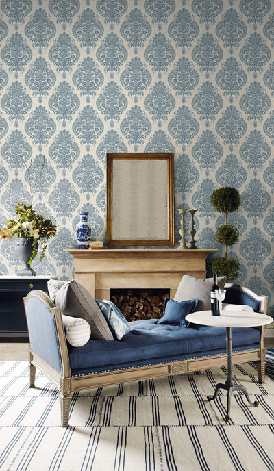 product image for Antigua Damask Wallpaper in Air Force Blue and Alabaster from the Luxe Retreat Collection by Seabrook Wallcoverings 62