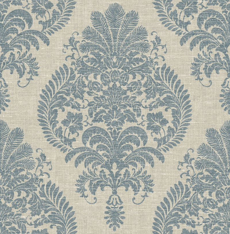 media image for Antigua Damask Wallpaper in Air Force Blue and Alabaster from the Luxe Retreat Collection by Seabrook Wallcoverings 247