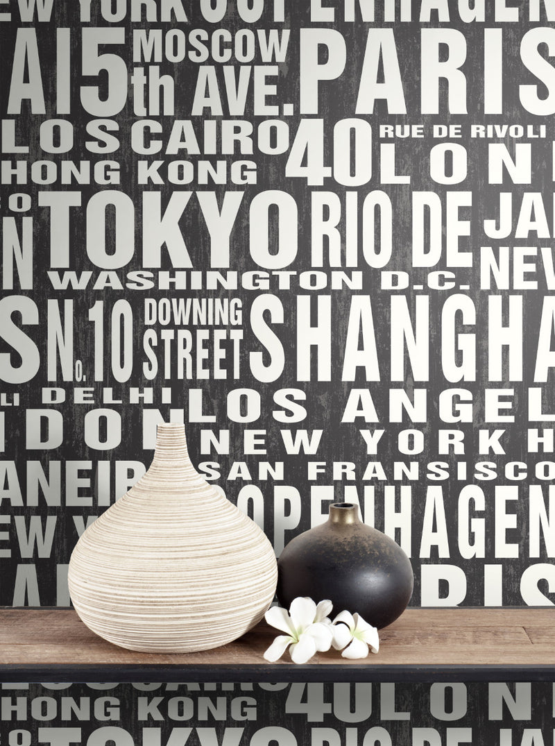 media image for Around The World Peel-and-Stick Wallpaper in Black and White by NextWall 228