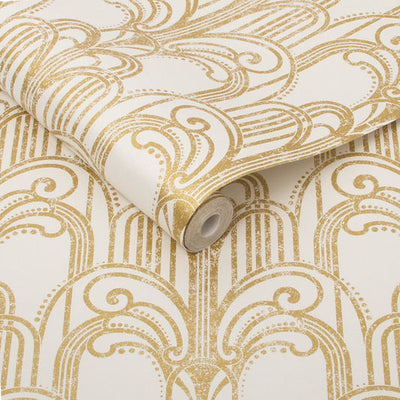 product image of sample art deco wallpaper in gold and pearl from the exclusives collection by graham brown 1 577