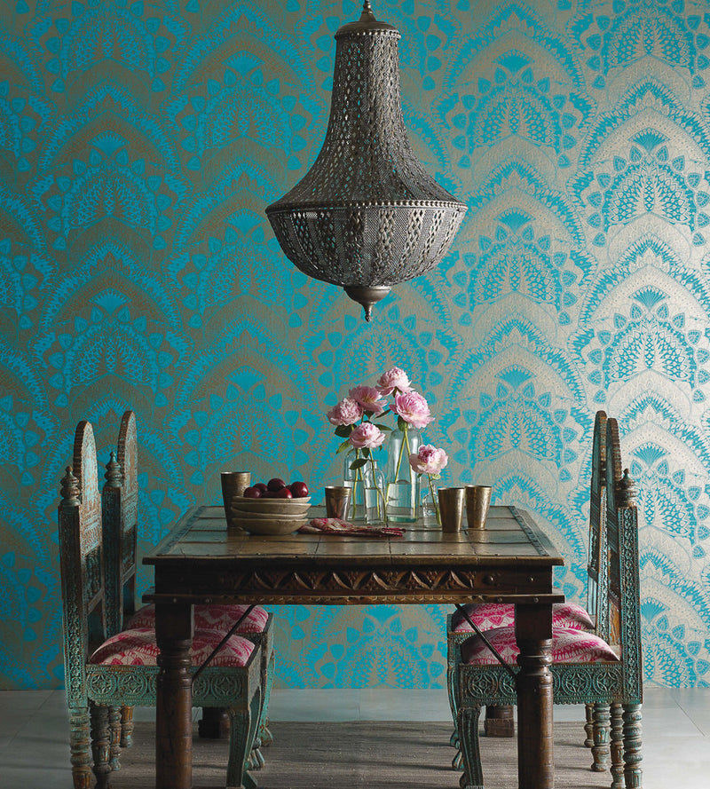media image for Azari Wallpaper in Turquoise and Gold by Matthew Williamson for Osborne & Little 294