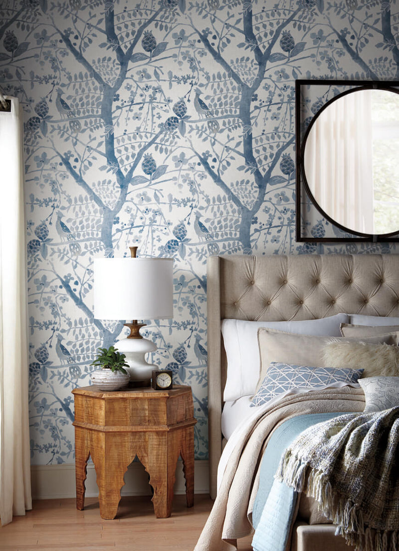 media image for Peacock Block Print Wallpaper in Blue from the Bohemian Luxe Collection by Antonina Vella 220