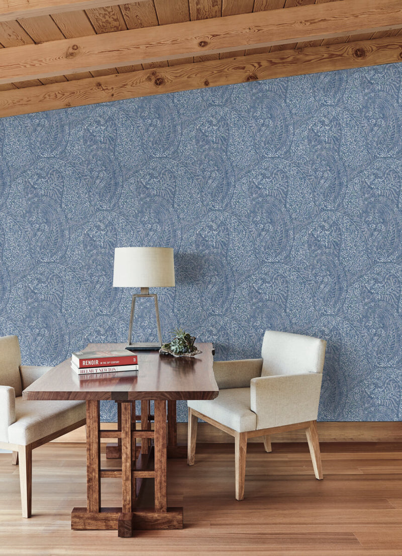 media image for Kashmir Dreams Paisley Wallpaper in Blue from the Bohemian Luxe Collection by Antonina Vella 271