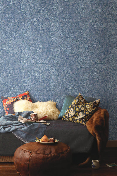 product image for Kashmir Dreams Paisley Wallpaper in Blue from the Bohemian Luxe Collection by Antonina Vella 21