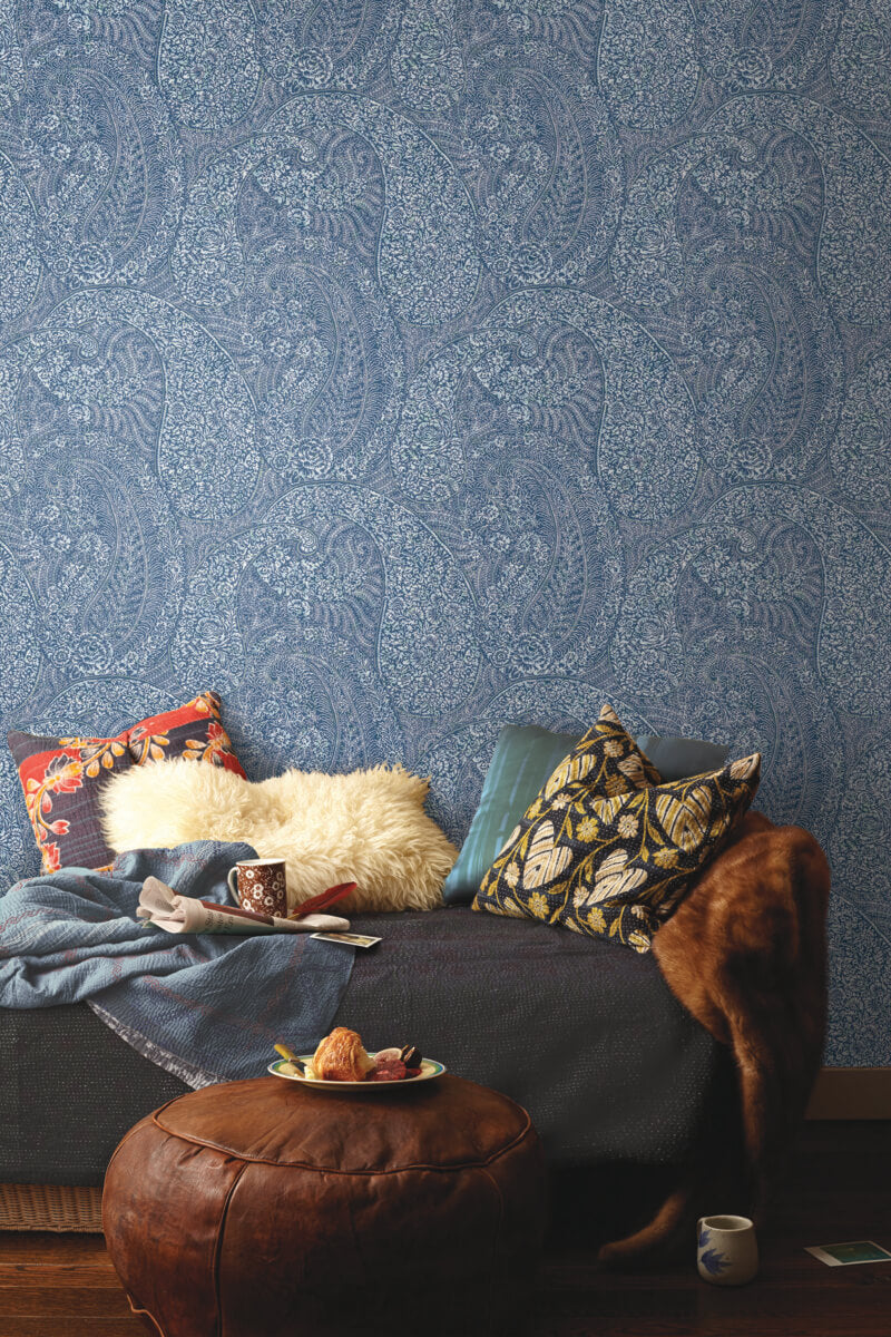 media image for Kashmir Dreams Paisley Wallpaper in Blue from the Bohemian Luxe Collection by Antonina Vella 267