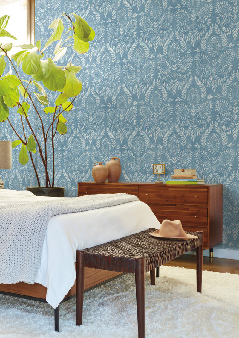 media image for Laurel Damask Wallpaper in Blue from the Bohemian Luxe Collection by Antonina Vella 272