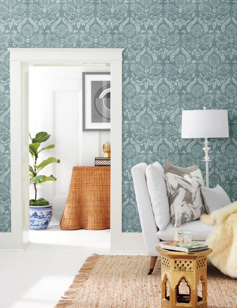 media image for Laurel Damask Wallpaper in Teal from the Bohemian Luxe Collection by Antonina Vella 244