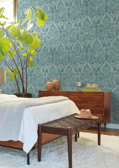 product image for Laurel Damask Wallpaper in Teal from the Bohemian Luxe Collection by Antonina Vella 70
