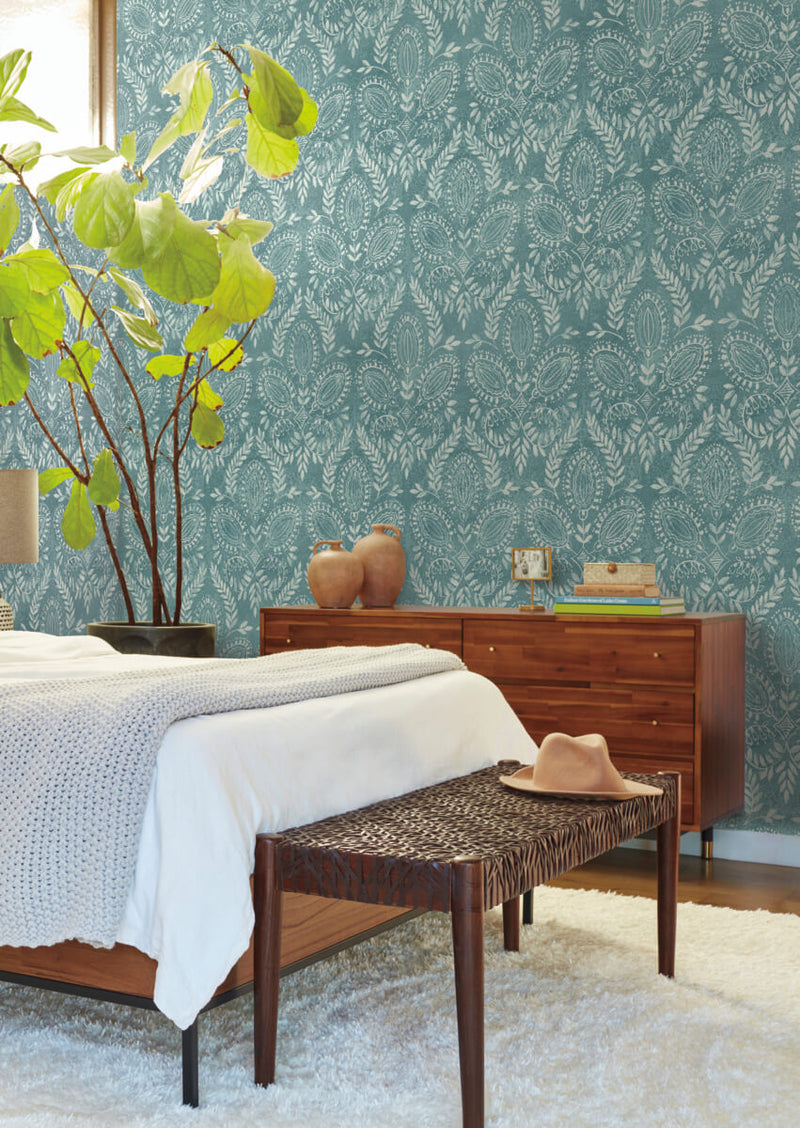 media image for Laurel Damask Wallpaper in Teal from the Bohemian Luxe Collection by Antonina Vella 265