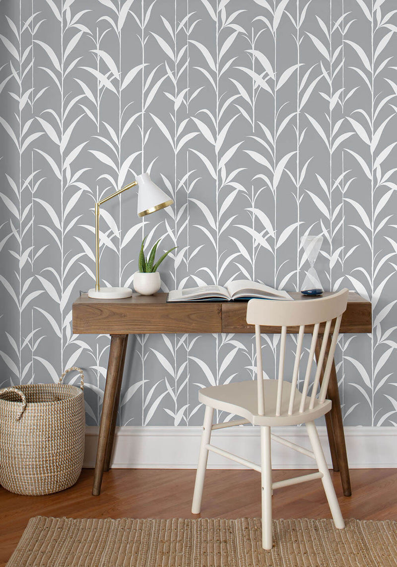 media image for Bamboo Leaves Peel-and-Stick Wallpaper in Grey by NextWall 292