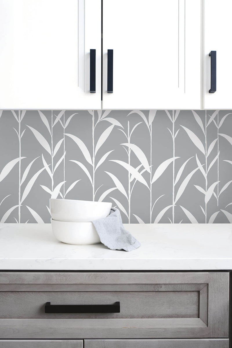 media image for Bamboo Leaves Peel-and-Stick Wallpaper in Grey by NextWall 265