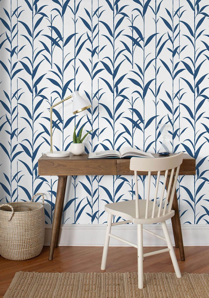 media image for Bamboo Leaves Peel-and-Stick Wallpaper in Navy Blue and White by NextWall 254