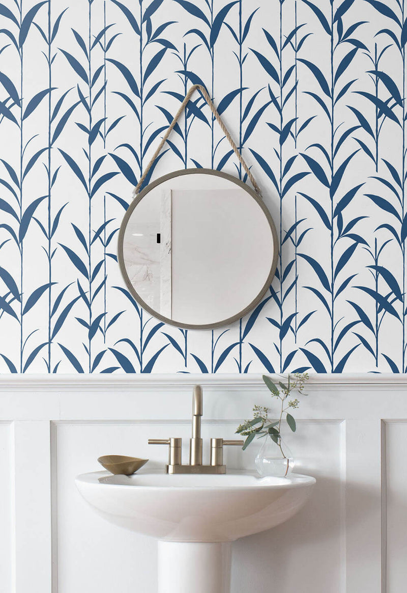 media image for Bamboo Leaves Peel-and-Stick Wallpaper in Navy Blue and White by NextWall 255