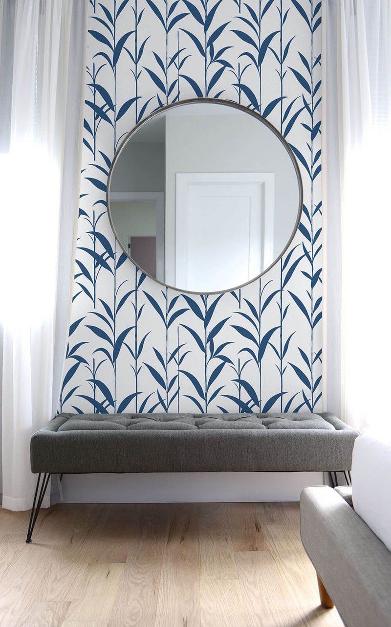 media image for Bamboo Leaves Peel-and-Stick Wallpaper in Navy Blue and White by NextWall 20