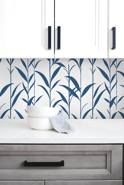 product image for Bamboo Leaves Peel-and-Stick Wallpaper in Navy Blue and White by NextWall 51