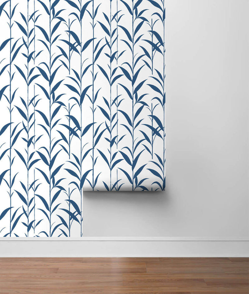 media image for Bamboo Leaves Peel-and-Stick Wallpaper in Navy Blue and White by NextWall 27