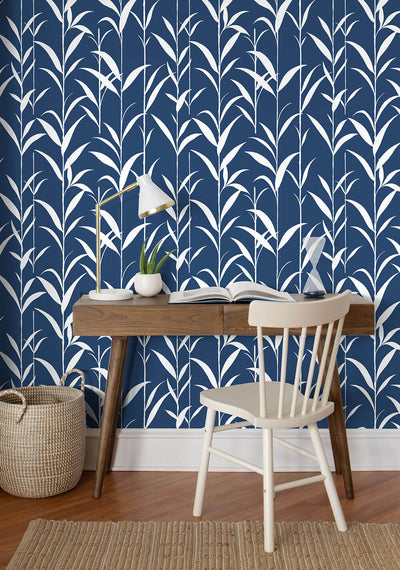 product image for Bamboo Leaves Peel-and-Stick Wallpaper in Navy Blue by NextWall 97