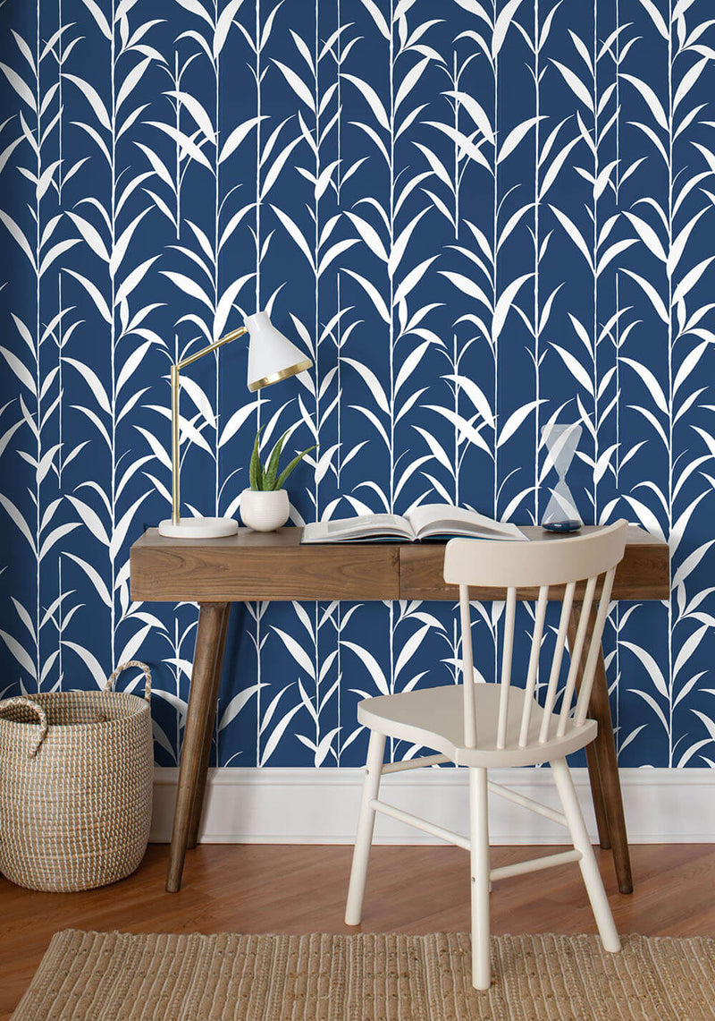 media image for Bamboo Leaves Peel-and-Stick Wallpaper in Navy Blue by NextWall 26