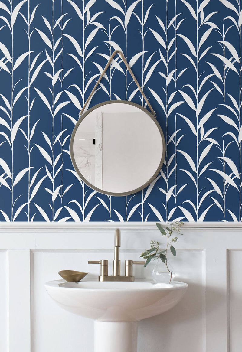 media image for Bamboo Leaves Peel-and-Stick Wallpaper in Navy Blue by NextWall 262