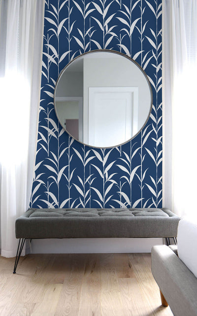 product image for Bamboo Leaves Peel-and-Stick Wallpaper in Navy Blue by NextWall 75