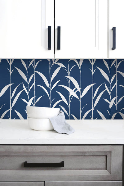 product image for Bamboo Leaves Peel-and-Stick Wallpaper in Navy Blue by NextWall 24