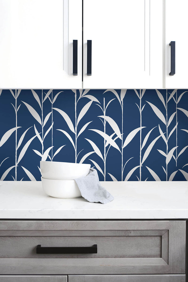 media image for Bamboo Leaves Peel-and-Stick Wallpaper in Navy Blue by NextWall 257