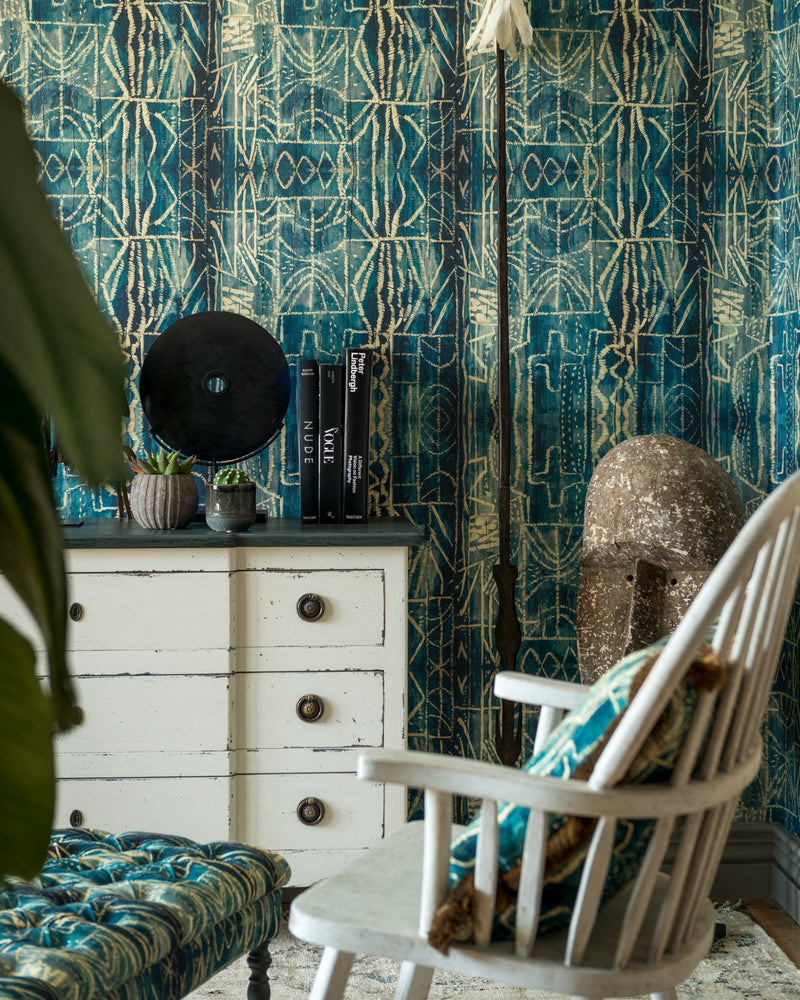 media image for Bamileke Wallpaper in Blue and Taupe from the Wallpaper Compendium Collection by Mind the Gap 249