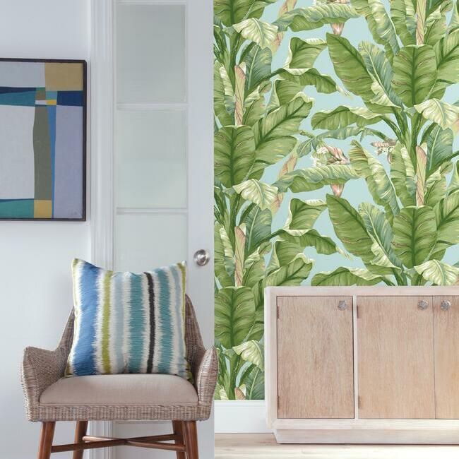 media image for Banana Leaf Peel & Stick Wallpaper in Blue and Green by York Wallcoverings 298