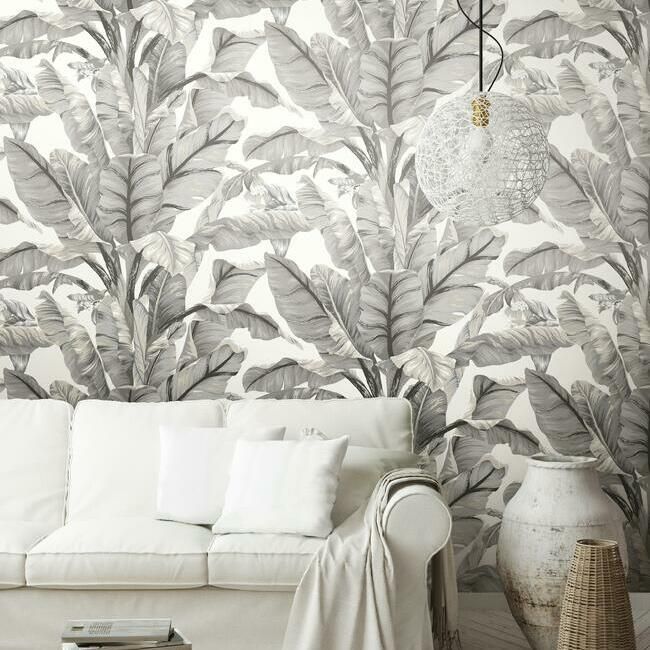 media image for Banana Leaf Peel & Stick Wallpaper in White and Black by York Wallcoverings 292