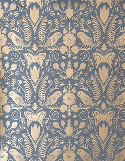 product image for Barn Owls and Hollyhocks Wallpaper in Gold on Charcoal by Carson Ellis for Thatcher Studio 51