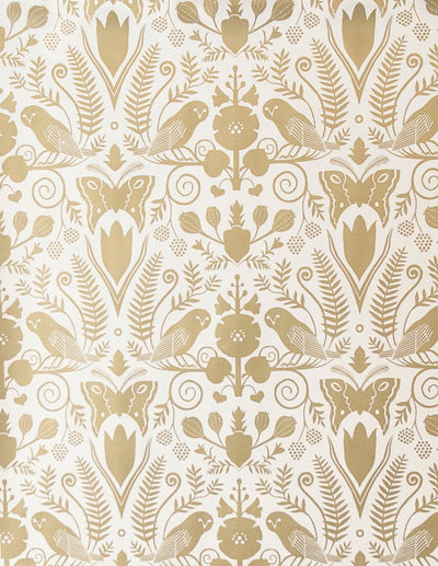 product image of sample barn owls and hollyhocks wallpaper in gold on cream by carson ellis for juju 1 591