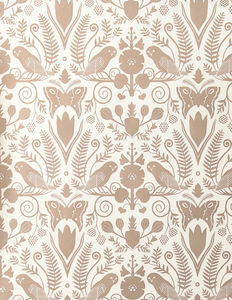 media image for sample barn owls and hollyhocks wallpaper in rose gold on cream by carson ellis for juju 1 240
